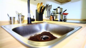 Un évier de cuisine bouché avec des restes de marc de café.