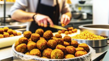 Des falafels bien dorés et croustillants sur une planche à découper, avec des pois chiches et des herbes fraîches à côté.