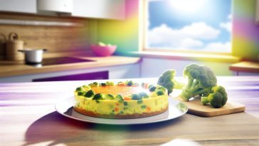 Un flan de chou-fleur et de brocoli coloré et appétissant sur une assiette, prêt à être dégusté.