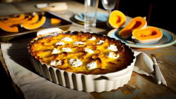 Un gratin de butternut au chèvre doré et appétissant, servi dans un plat à gratin sur une table rustique.