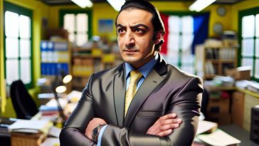 Un homme en costume, le regard déterminé, croisant les bras sur un fond de bureau désordonné.