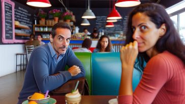 Un homme en couple jetant un regard discret et intéressé à une autre femme dans un café.
