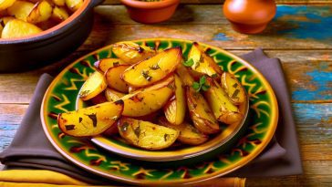 Un plat de pommes de terre rôties aux herbes, bien dorées et croustillantes, servies dans une assiette rustique.