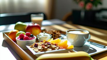 Un plateau de petit-déjeuner équilibré composé de fruits, de céréales, de yaourt et d'une tasse de café.
