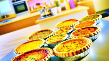 Plusieurs quiches appétissantes de différentes saveurs disposées sur une table de cuisine.