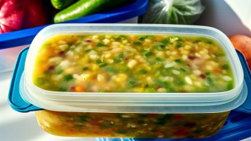 Une soupe maison dans un récipient hermétique prête à être mise au congélateur.