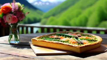 Une tarte rustique garnie de saumon, petits pois et asperges, posée sur une table en bois rustique avec un paysage des Vosges en arrière-plan.
