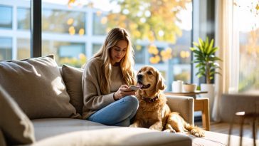 Femme qui lis un article sur telephone avec son chien a coté