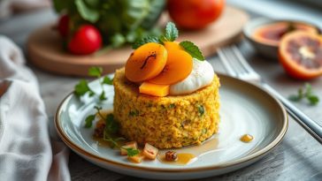 Galette dorée de millet et légumes parfumés : Un festin végétarien couronné d'une mousse aérienne aux coings épicés