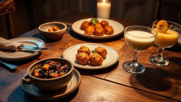 Trio gourmand d'automne : caviar d'aubergine fumé, boulettes épicées et panna cotta aux agrumes