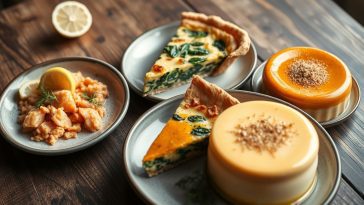 Trio gourmand : rillettes de saumon, quiche aux épinards et flan de potimarron