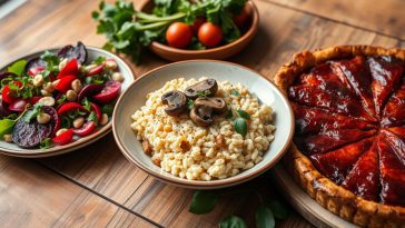 Trio gourmand : Salade de betteraves, risotto aux champignons et tarte tatin revisitée