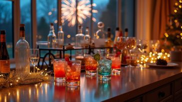 bar à cocktails chic et festif à la maison  pour le réveillon du Nouvel An 2025