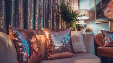 Rideau de paillettes et coussins sequins