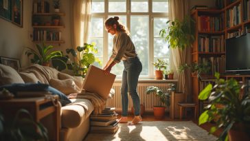 une femme fait du rangement dans sa maison