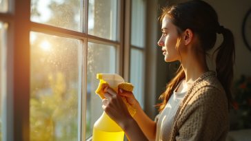 une femme nettoie les vitres de sa maison avec un spray et un chiffon