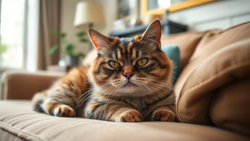 un chat pas content couché sur un canapé