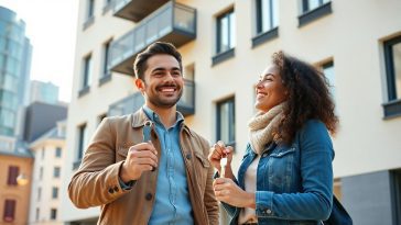 couple heureux devant immeuuble immobilier achat immo
