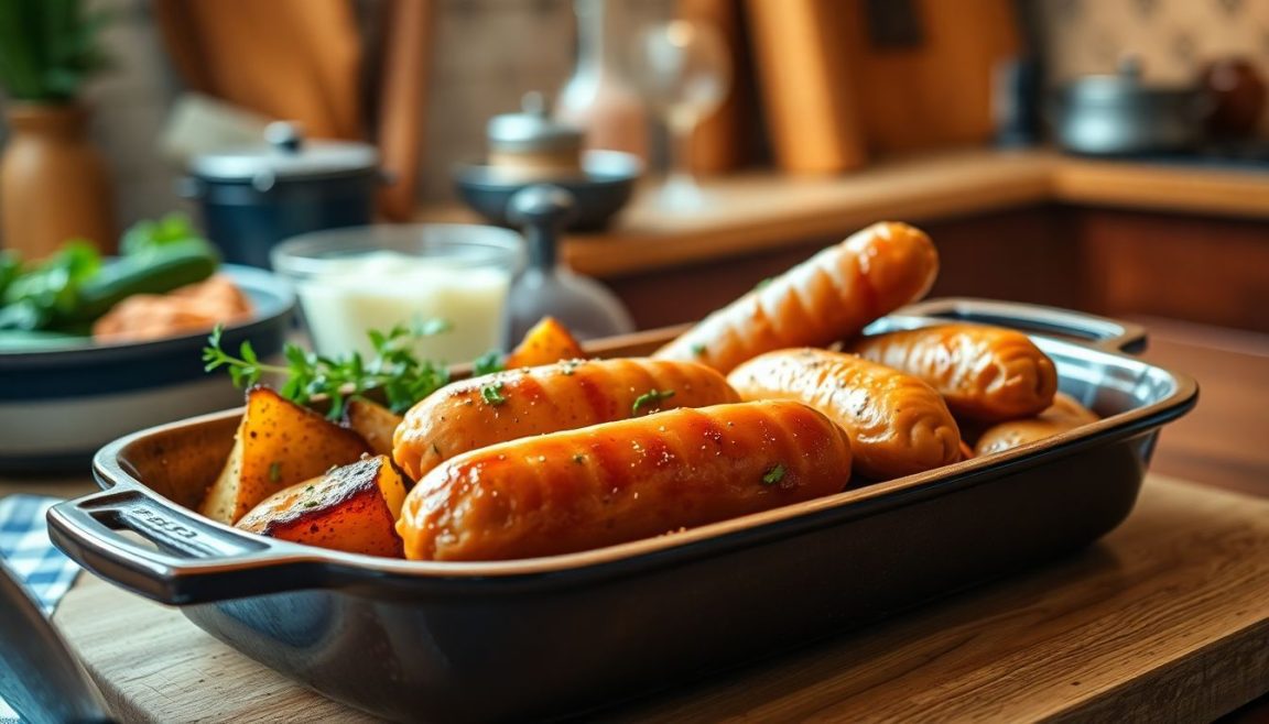 Saucisses au four et pommes de terre : le plat facile, économique et réconfortant qui cartonne à chaque repas