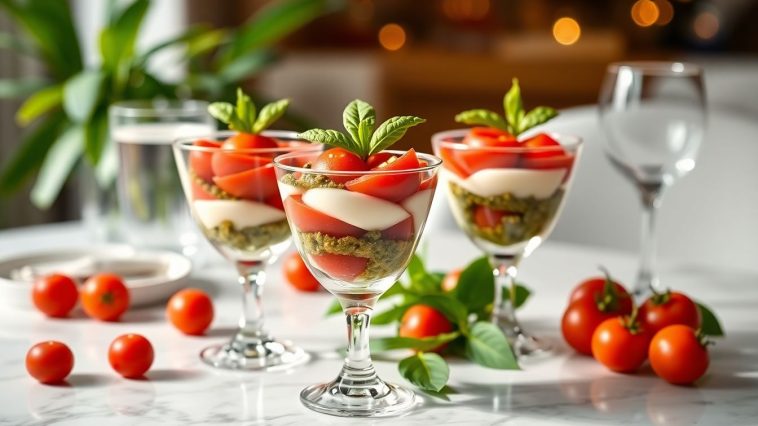 Fini les verrines classiques à l'apéro : ce tiramisu salé tomate-mozza-pesto se prépare en 5 minutes chrono