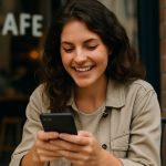 Femme souri qui lis sur telephone