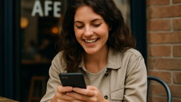 Femme souri qui lis sur telephone