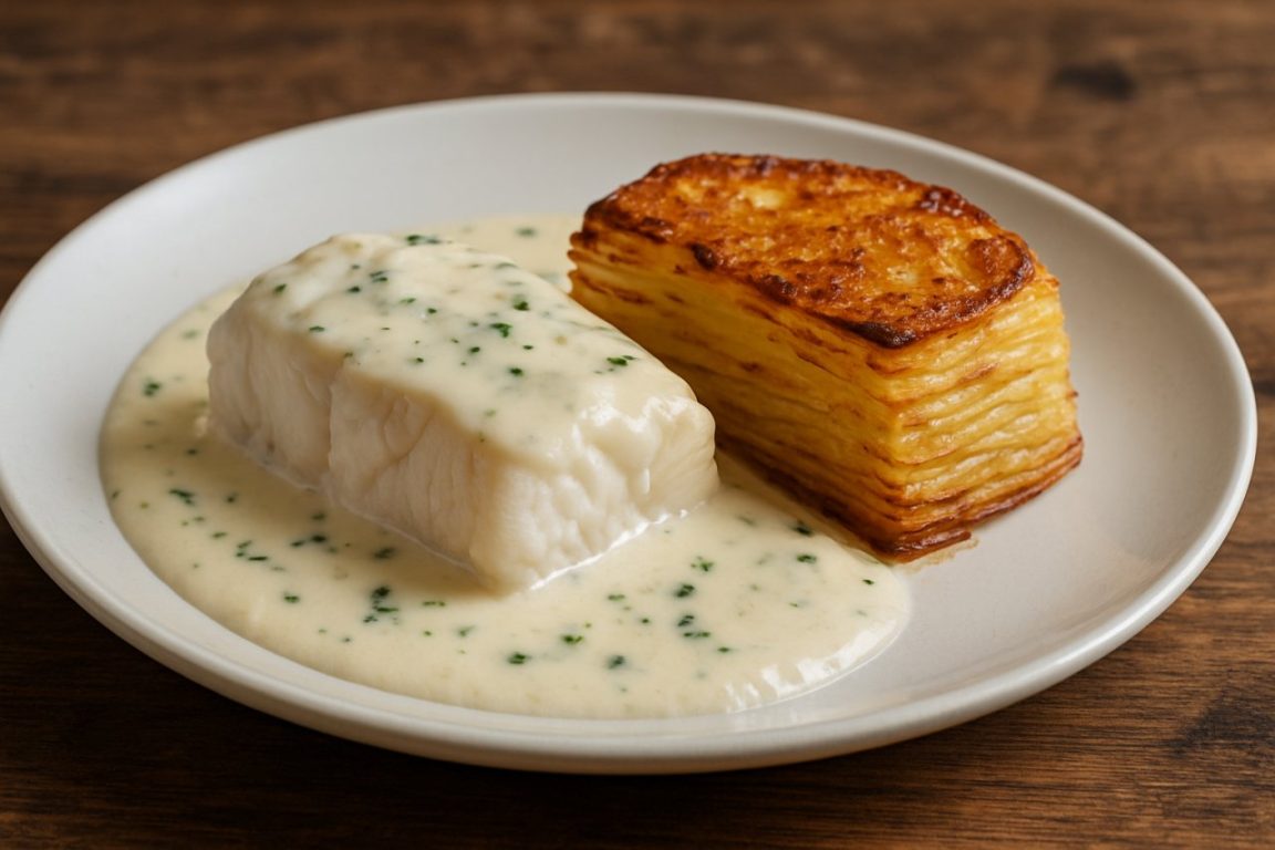 Ce duo merlu crémeux et mille-feuille de pommes de terre fait toujours son petit effet à table